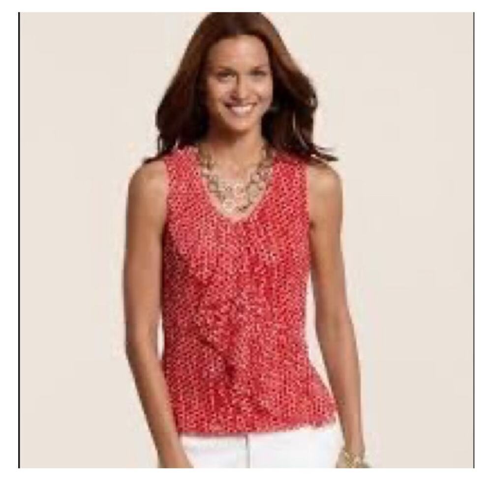 Chicos Dotted Mesh Alanis One Ruffle Tank Red White Size 1 / Medium